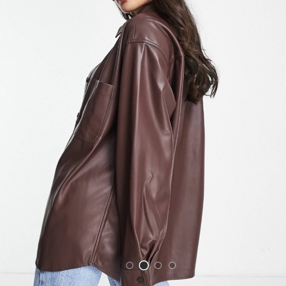 Brown Faux Leather Button Up Shirt - Picture 5 of 12